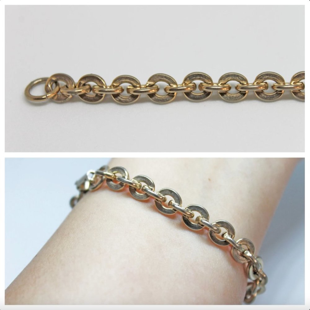 Vintage Light Gold Flat Edge Cable Chain Bracelet with Diamond Shaped Leaf Charm - Picture 5 of 8